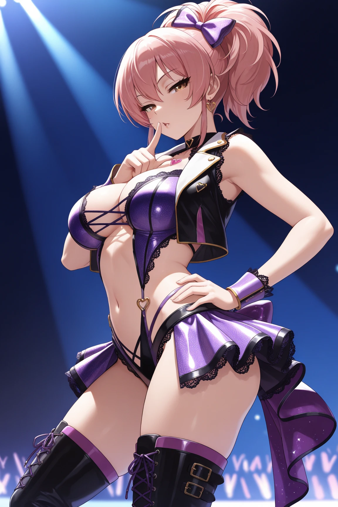1 girl in, purple color hair、Purplish pink eyes that dreamers desire, (Blonde hair) , small stature, Colossal tits, Lori, (masutepiece:1.2, Best Quality), (finely detailed beautiful eye: 1.2), (beautifull detailed face), (Best Illumination, extremely delicate and beautiful), ((Cinematic Light)), Dramatic light, (Pale white background:1.5), Short bob hair(1:3)、Ultra Contrast、Braid a little around the ears, clavicle, White long dress、only has 5 fingers、、Her pussy is visible through the white thong、Wet pants、You can see inside your underwear、full of sweat、mocking look、diaper、nffsw,Arms crossed、grab the arm、Shoot from below、The angle is as seen from below.、Best Quality、Large breasts、muscular pussy、Pubic hair,high-level image quality、hightquality、8K,perfect hand、5 fingers、finger pin、Perfect Finger、T back、Naked、noise cut、bullet hand、Her hair color should have been a brighter purple.The skirt part is also carefully expressed..、Purple skirt、the skirt is floating in the wind、Dark purple panties、Pubic hair majority,A scene of make cooking Carbonara Pasta in the kitchen,(with sparkling eyes and a contagious smile),open mouth, Looking at Viewer,