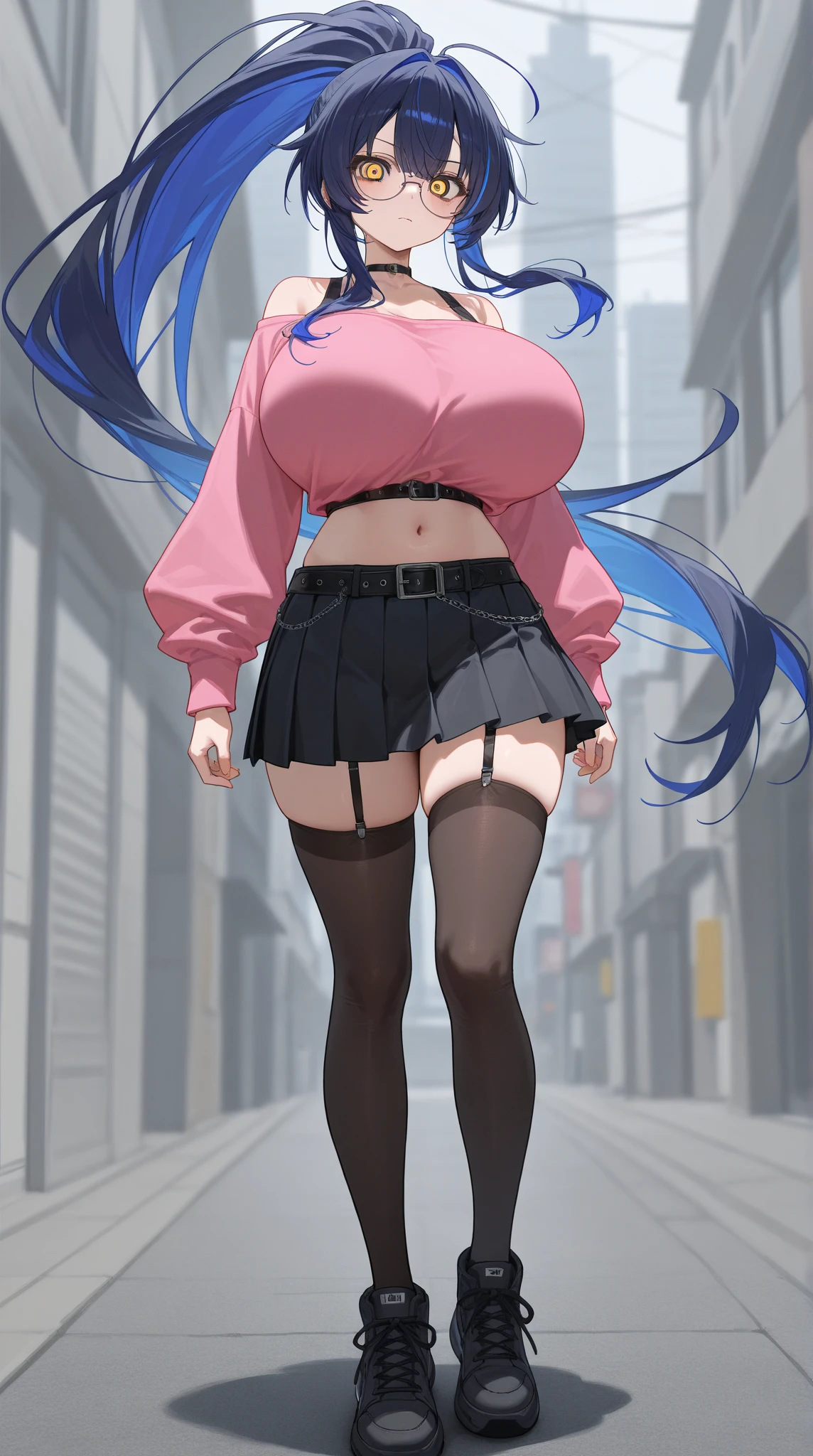 1girl, silver colored double massive braids, blue eyes, big breasts, big butt, thick thighs, tight white crop top which exposes her midriff with an unbuttoned black formal suit, very short black tennis skirt which is pulled down to hide her private parts but exposes her ass crack, black transparent socks, leather shoes, no bra, no panties, due to her suit being unbuttoned, her crop top and belly is exposed.