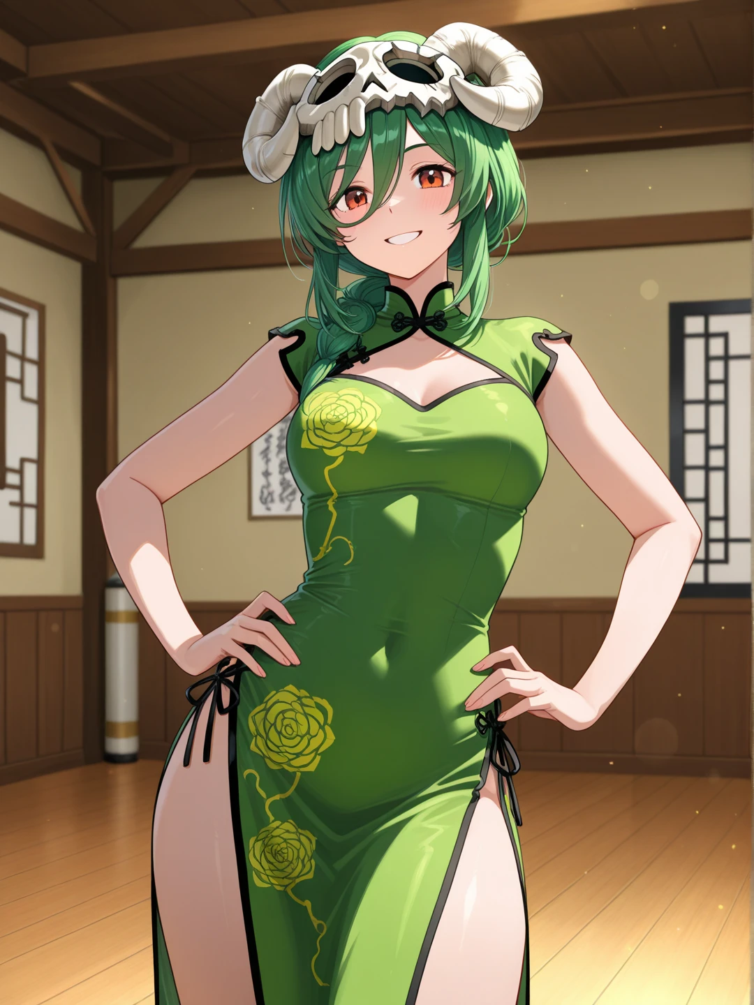 ((Cute girl with green hair)), ((Erotic Costumes)),whole body, Thighs,((masterpiece, highest quality, Ultra high definition, High resolution)), Anime Girls, ((Ultra-detailed illustrations:1.2)),  Beautiful Hair, Shining Eyes, Huge breasts, Big smile, Floral decoration,Sexy pose,Highly revealing,Open-chested clothing,Groin,