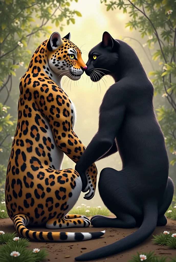 Black jaguar, ((powerful and muscular)), in the heat of a fierce battle, ((grappling)), with a giant, ((menacing)), white Red eye mouse. Their claws dig deep into each other, ((sharp ears perked up)), as they exchange blows. The jaguar's ((black spots shimmered in the sunlight)), in contrast to the mouse's ((pale red fur)). The scene is painted with ((dynamic and intense colors)), as they battle it out in the ((jungle wilderness)). The jaguar, ((determined and focused)), growls, ((fangs bared)), as it tries to overpower the mouse. The mouse, ((cunning and agile