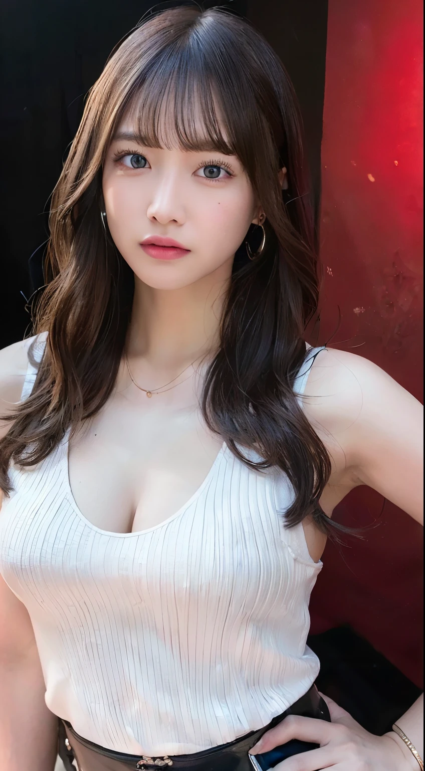 Canon RF 85mmf/1.2,masutepiece,Best Quality,超A high resolution,tu,1 girl,(Korean mixed,Kpop Idol:1.2),Solo,white_shiny_skin,Black eyes,Necklace,brown_long_Wavy_hair,Red_shiny_Lips,Eyelashes,Bangs,deal,make - up,shiny,Pore,skin texture,Bracelet,off shoulders,See-through,Big breasts