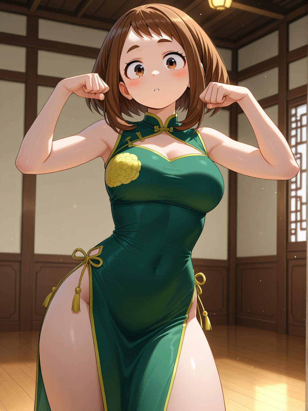 NSFW,Green cheongsam with slits,One Woman, 27 years old, 28 years old, whole body,Full Art,Big Breasts,Cute Liane, Gold Tiara, Pearl Necklace, Brown Hair,Green eyes,Jade hairpin,Skirt flipped up by the wind,Black color Micro pantie,Kicking movement,fighting pose