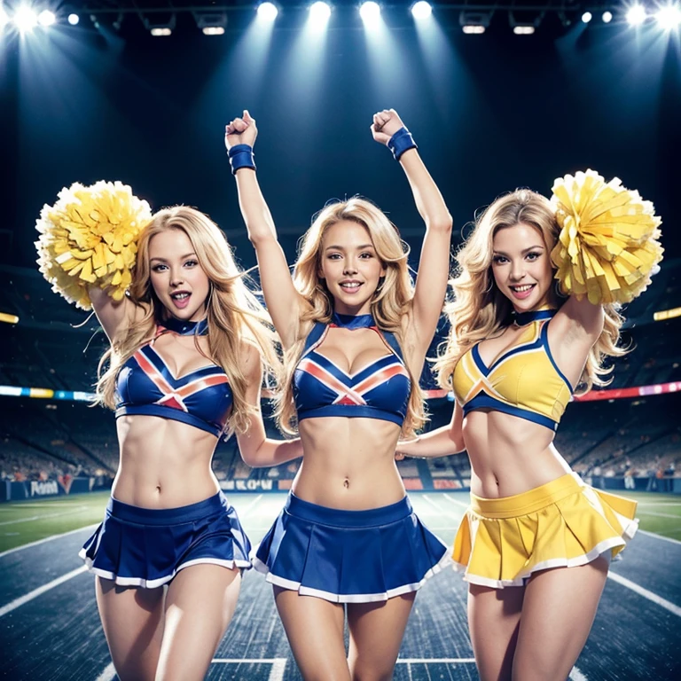ultra realistic, photography, three hot girls: one with long straight red hair, (30 years old, hourglass figure, perfect body, natural medium breasts), the second one: long black straight hair, (30 years old, hourglass figure, perfect fit body, natural big breasts), the third one with long straight blonde hair, (wavy elegant hair, blue eyes, perfect round lips, 30 years old, gorgeous face, voluptuous figure, perfect fit body, big enhanced breasts), they have perfect round cleavage, great cleavage, they are cheerleaders in red and white skimpy short uniforms on a footballfield, they have white pompoms in their hands and are doing sexy cheerleading