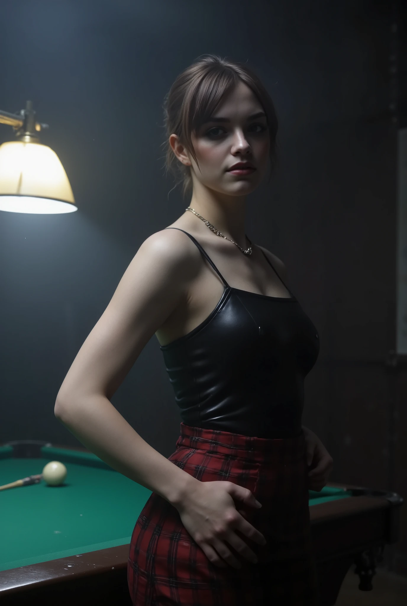 high detailed picture, realistic style, masterpiece, dark room, nightmare, ghostly girl, dark smoky atmosphere, moody lighting, very young girl, small perfect breasts, torpedotits, (thin, slender, narrow shoulders and hips, anorexic girl, slender legs and arms), brown hair, short hair, brown eyes, straight hair, bangs, 16k, masterpiece, tomboy, masterpiece, very young girl, perfect breasts, torpedotits, (thin, slender, narrow shoulders and hips, anorexic girl, slender legs and arms), (billiard table, green table cover, a girl is standing to the left of the table, half turned to you, looking at you, perfect bubble butt, a hand with a cue on the billiard table)), very sexy dress, dressed like ((skin tight Black Latex long sleeve crop top), (tiny short red and black plaid micro skirt), ((extremely short lowwaist micro skirt), g-string panties)), very tight clothes, bursting breasts,