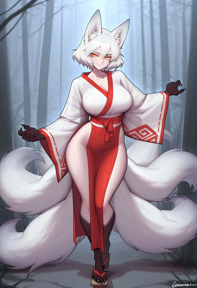 Solo, score_9,score_8_up,score_7_up, amaterasu from okami, female Anthro furry wolf, wolf ears, wolf tail, yellow eyes, black sclera, black lips, black nipples, hourglass figure, naked, bald, in a magical sun temple, sexy majestic pose,