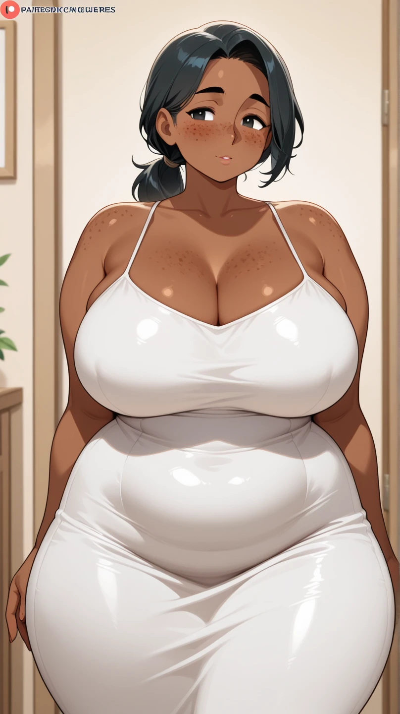 ((pregnant woman with a big belly)), midriff showing pregnant belly ((solo)) ((curvy thigh1girl,tomboy (pixie cut),white hair, tan brown skin ,big breasts,((curvy thighs)) (masterpiece,mature,detailed, high quality),naughty,smirk, anime art,, (Elderly wrinkled face)))