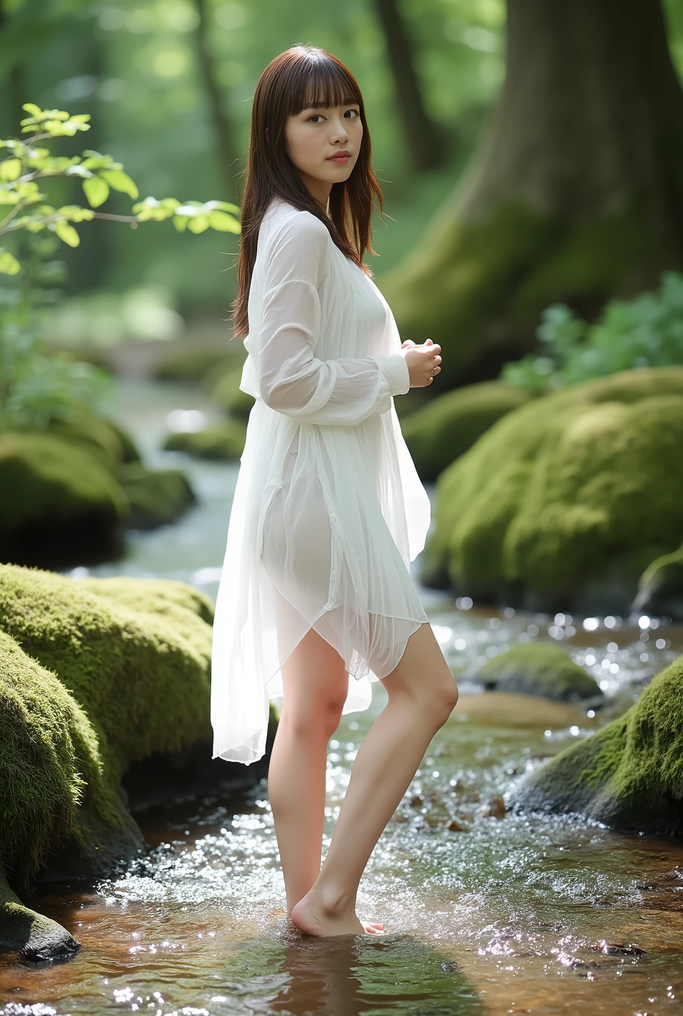 High-definition, realistic, a long-legged woman wearing a soaked white shirt, blue skinny jeans and sneakers sits on a large rock in the middle of a bamboo forest in winter, surrounded by snow, and her hands are not visible.