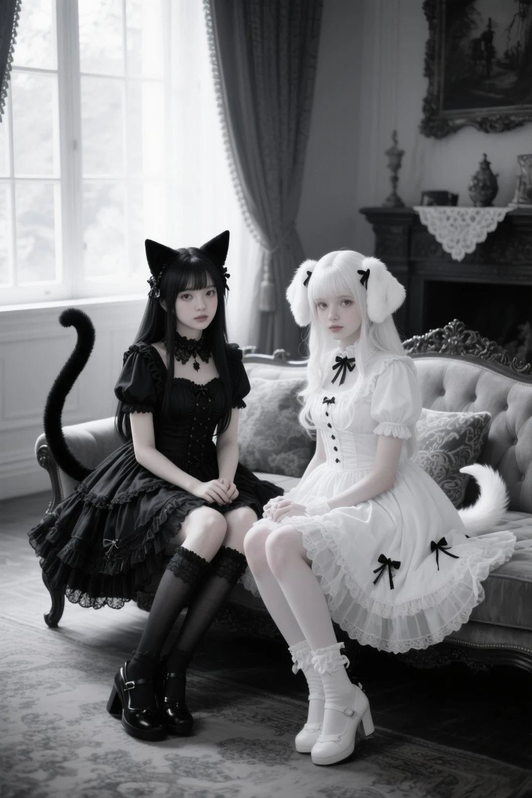 There was a small town where two adorable kittens named Mimi and Léo lived.. Mimi was a white kitten with black spots, and Léo, a black cat with bright green eyes. They were inseparable since they were born, always exploring the most hidden corners of the city together