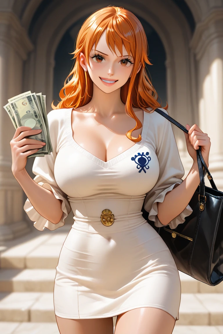 anime_source, (masterpiece), best quality, expressive eyes, perfect face, score_9, score_8_up, score_7_up, 1girl, aura from fortnite, bare shoulders, bracelet, braids, big breasts, orange eyes, crop top, white top, fingerless gloves, gloves, hair over shoulder, jewelry, red lips, lipstick, long hair, looking at viewer, midriff, navel, nose, open mouth, money, case, squatting, smile, twin braids, belt, big eyeliner, orange hair, red lips, yellow cap, reversed cap, gold chain, white crop top, sleeveless, high neckline, black jeans, ripped jeans, money, skinny, wide hips, robber, millionaire room