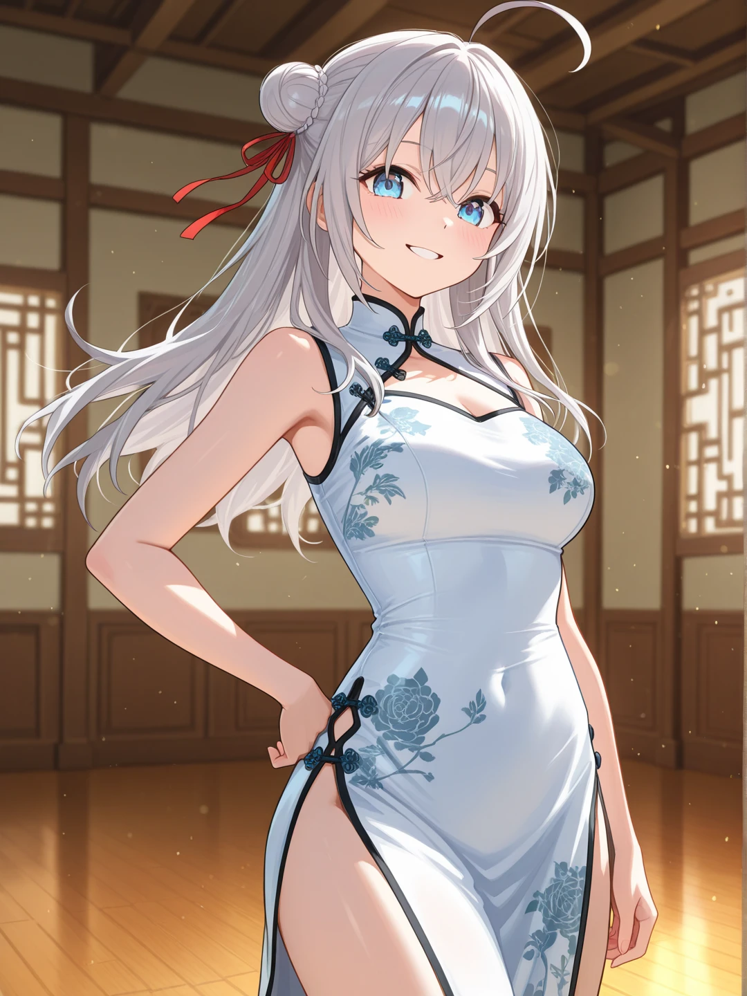top-quality、realistic touch,high-detail、photoRealstic、Long body、captive beauty、big eye、Strong platinum blonde eyelashes、platinum-blond、full body Esbian、Sparkling eyes、Submissive smile、Flushed cheeks、Kamimei、thin-waist、Voluptuous thighs、Enraptured look、Raked bangs、The forehead is protruding、Tight chinese dress、sleeveless、Inside a room、She isn't not wearing panties、