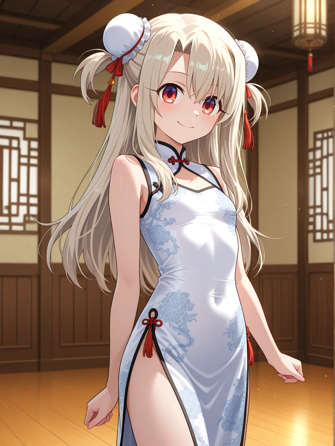 high resolution,smile,woman,woman1人,adult,cute, ２Two bun hair, Blonde Hair,Light blue eyes, Red Chinese Dress,whole body,front,Standing,BREAK,Background white,