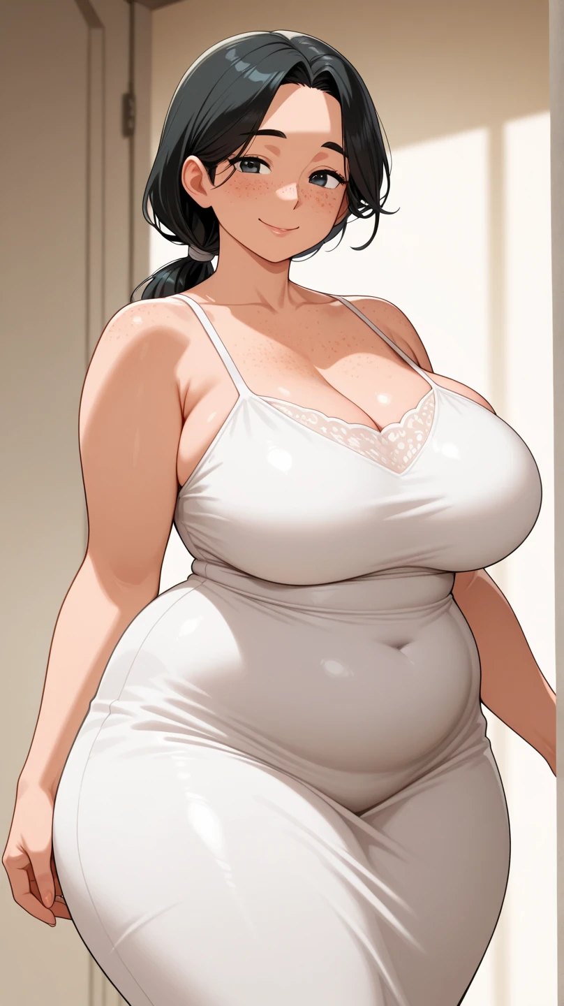 Score_9, score_8_up, score_7_up, source_anime, 1girl, solo, bbw, indoors, pale, mature female, milf, pussy, dress, wearing dress, green eyes, black hair,black eyes,eye lash,big pink lip,she has big heavy chest and a thick body that is attractive to the eye