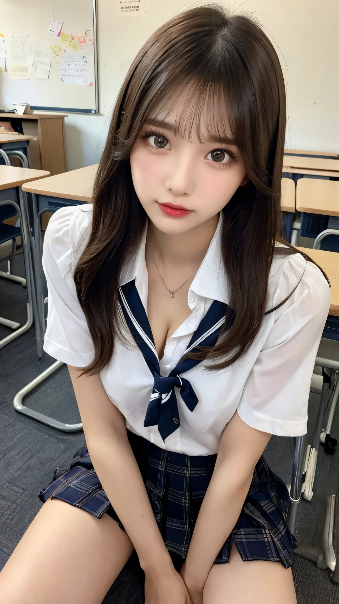 (1girl), (Chignon hairstyle), (sexy look:1.5), (cleavage:1.3), (Highly detailed eyes, Highly detailed face), (Hyper-realistic, hight resolution), (Best Quality:1.4), (hyper quality), Authentic skin texture, Raw photo, (Realistic, Photorealsitic:1.37), highly detailed, Professional Photography, (school uniform, pleated skirt:1.3), (Staring at me), (School, classroom), (Show me your kissing face:1.4),