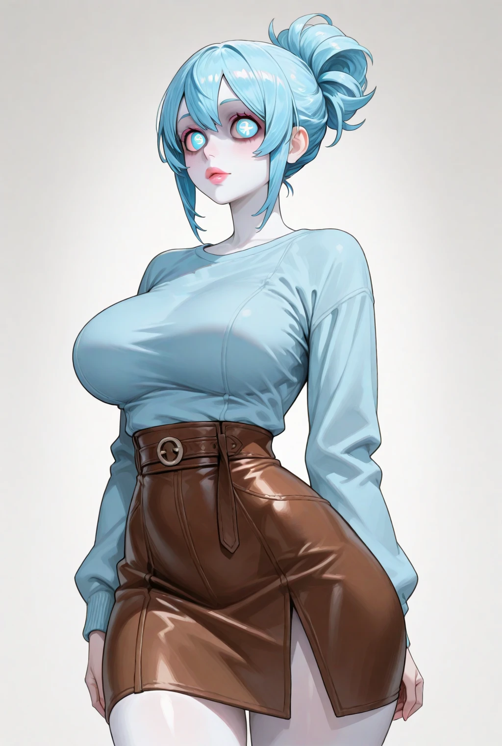 ((medium shot)),(Best Quality, High Resolution, Masterpiece: 1.3), full body, a beautiful woman, ((white and blue hair)), loose wavy shape, (((blue pupils, blue eyes))), ((glowing eyes)),details of face and skin texture beautifully presented, detailed eyes, double eyelids,(white compression shirt),(compression shirt), (pink maxi shirt),(maxi shirt),hair shaved short on one side.darkness style,museum,paintings,sculpture,lights,photorealistic,girlvn,1 girl,kristinapimenova, ((boobs)), breasts, standing,(cleavage)