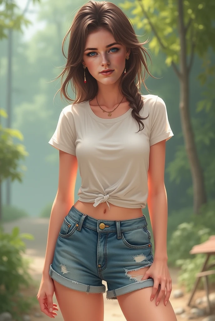 (((Emma Watson))), (a very tall slender woman sitting on a stone in the forest), (round breasts), big eyes, (small head), (((She wears a crop white knotted shirt))), (((she wears a short denim skirt))), (((skirt))), (photorealistic), (ray tracing), (cinema lighting), (sharp focus), (detailed face), natural and realistic skin textures, soft face, white panty, ((cameltoe))