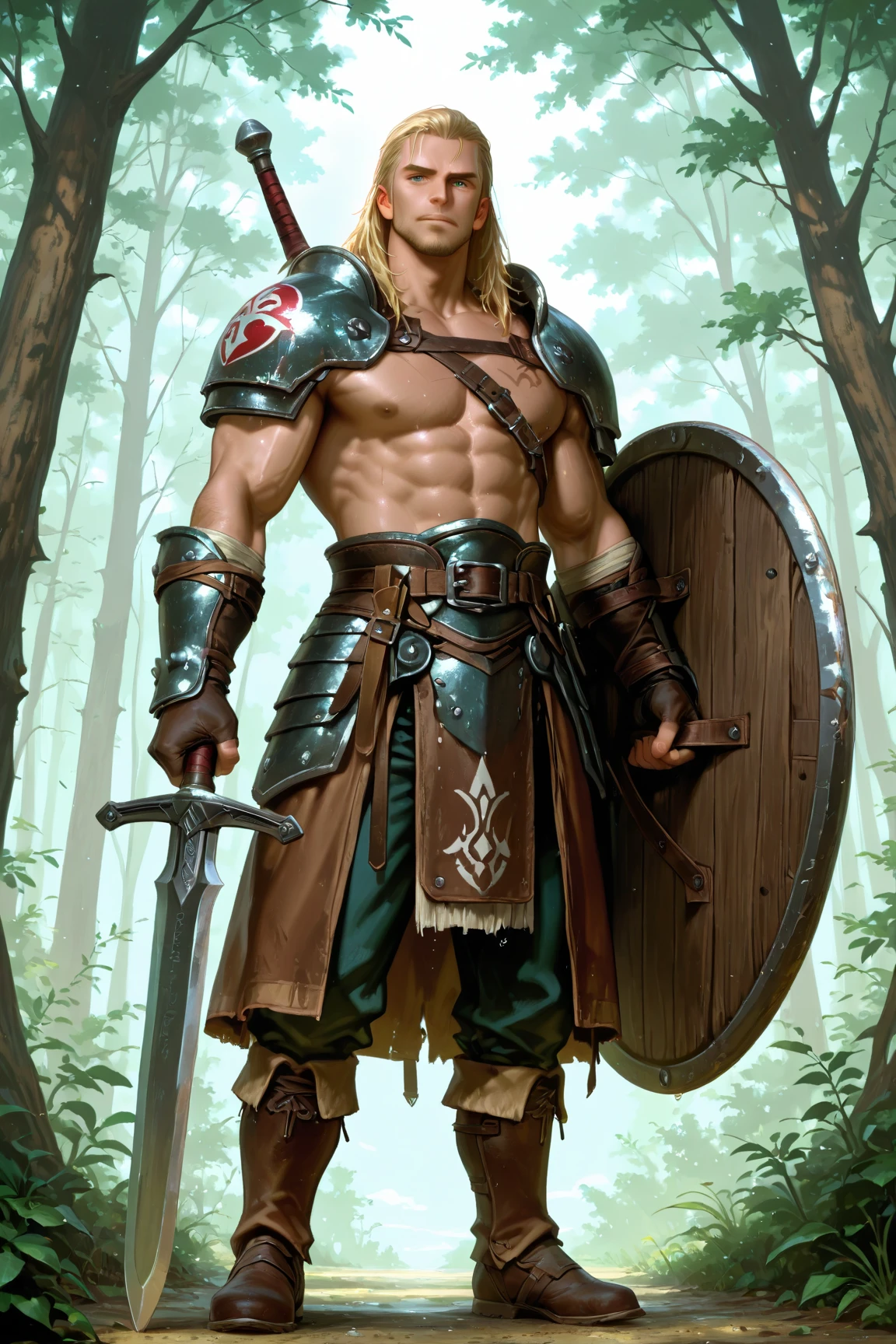lustration in Leyendecker style : Muscular and pumped-up Prince Harry as a Beautiful Detailed Face, 4k resolution, Realistic, a perfect face, 28 years old, , light blonde hair, natural skin, Soft Impressionist, Perfect composition, a perfect face, Wearing leather armor, large bulge in the pants ,hairy chest and belly Holding a large sword in his hands, The background is a mysterious forest
