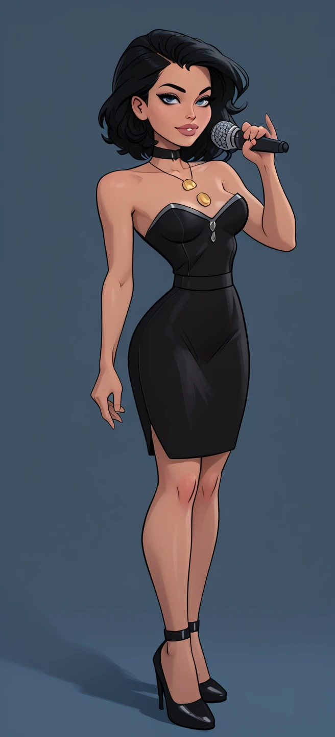 Full body shot of blonde Ms. Buxley from Beetle Bailey comics. Curvy body with large breasts Skimpy black dress. Low-cut and tight fitting and short. Blavk high heels. Necklace and bracelet.