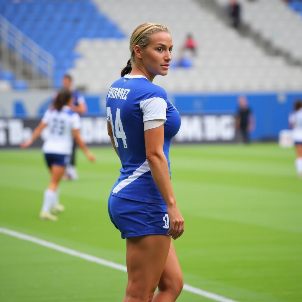 A woman in sportswear and a high hairstyle trains on the sports ground, an image with a dynamic composition to convey movement and energy, A photo with the highest detail, Cinematic, Attention to the smallest details, Masterpiece, 16k, 8K, 4k, HD, UHD, makeup, D CUP size, cleavage