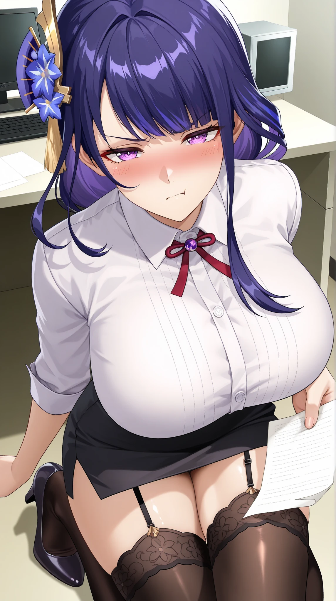 Ahegao((masterpiece)), (best quality), beautiful, extremely detailed face,((expressionless)),((cold attitude)),((tsurime)),((tareme)),breasts,((Mature female)),((raiden shogun, smile, bangs, (big breasts:1.2), (purple eyes:1.2), braid, purple hair, braided ponytail, ringed eyes, shirt, long sleeves, white shirt, necktie, collared shirt, pants, black pants, formal, suit, black necktie, shirt tucked in, office lady, NSFW, Sex, 1boy, from behind