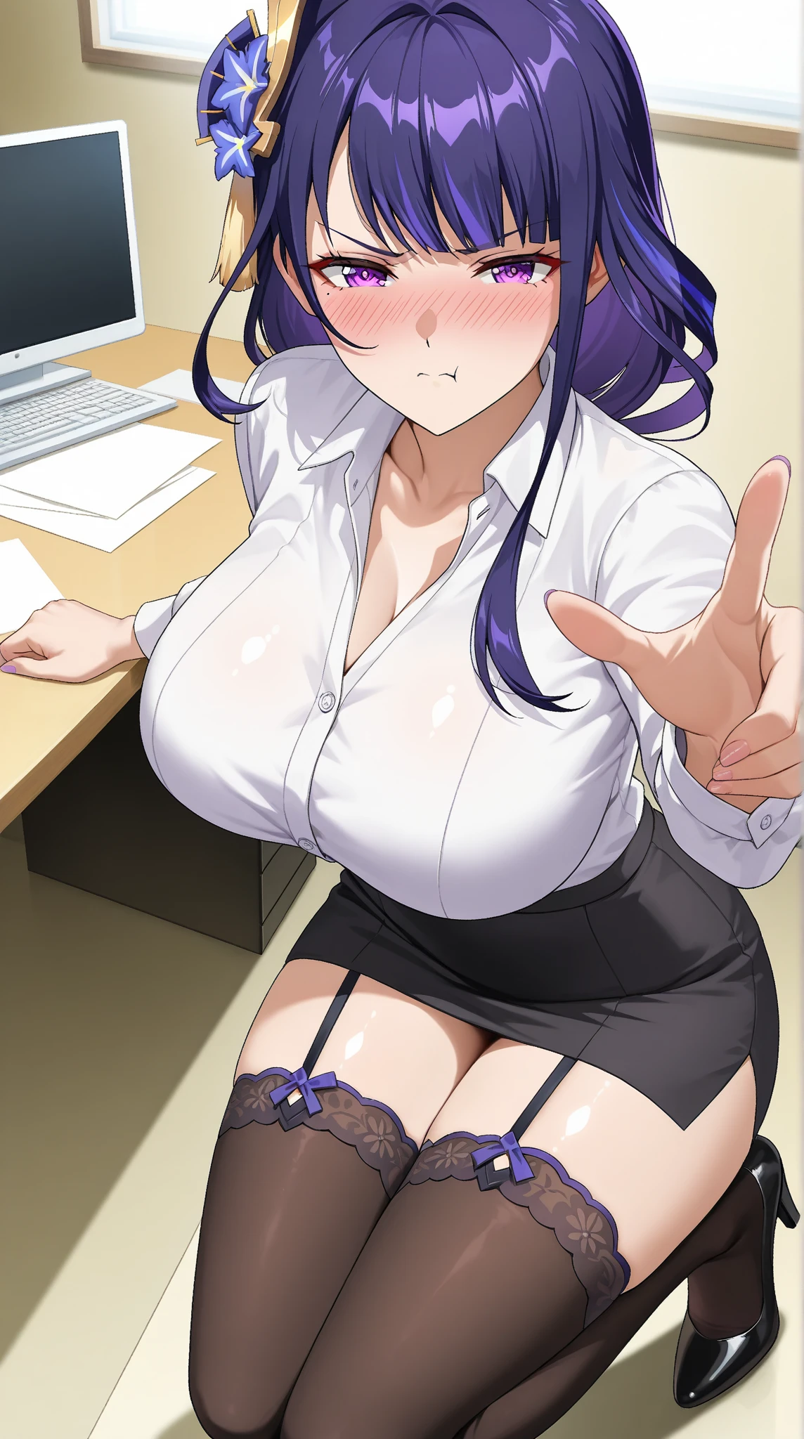 High quality, masterpiece, raiden shogun, genshin impact, purple hair, purple eyes, long hair, single braid, hair ornament, big breasts, cleavage, wide hips, busty, thighs, wet, horny, naughty, wet pussy, bedroom, pussy juice, garter belt, thong, black stockings, black panties, office lady, white shirt, collared shirt, lanyard, purple skirt, skirt lift, shy