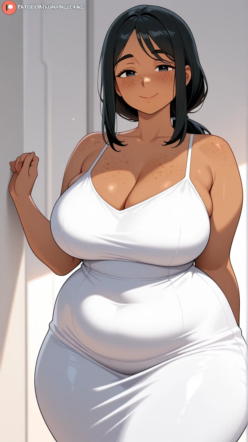 (((I want a woman with dark skin, curly black hair, detailed green eyes, voluminous body and big breasts, wearing a short white dress, and a pretty smile)))