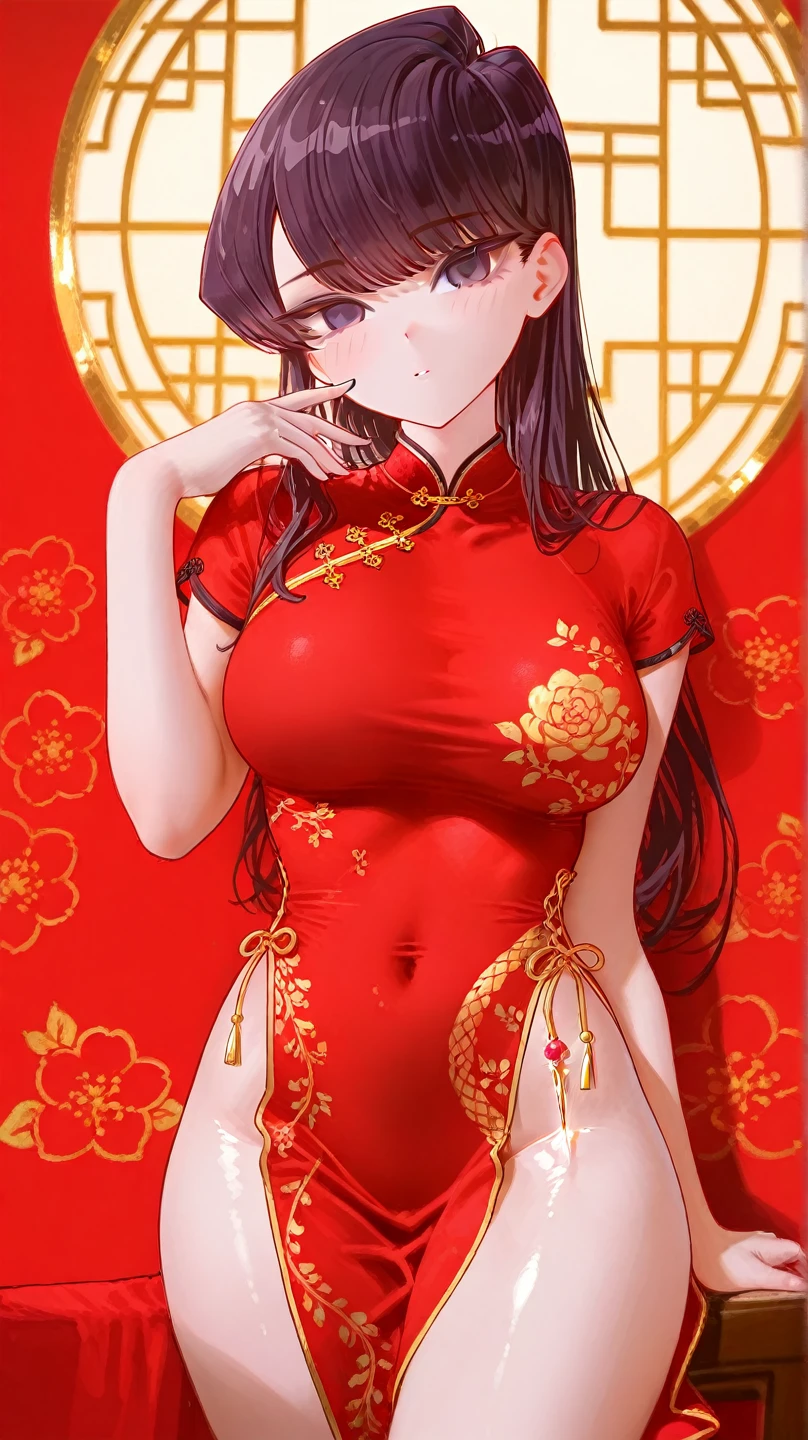 high resolution, adult woman , good lighting, despicable, , (no nudity), (((chinese dress))), (()), ((())), (garter belt), just abdomen, (), , cute face, yo'I'm embarrassed and blushed, humiliating, ((Turn around and look back)), ((transparentes))()(T-back)(a large amount is in the body,)
