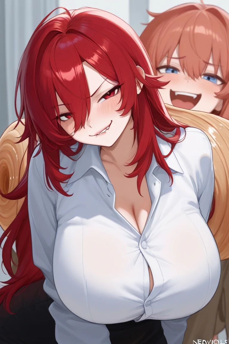 one woman、big breasts、red hair、long hair、straight hair、Ahoge、Kind sister、small pink cheeks、Flame colored eyes、scary smile、My eyes fell.、bedroom house background、cardigan with open chest