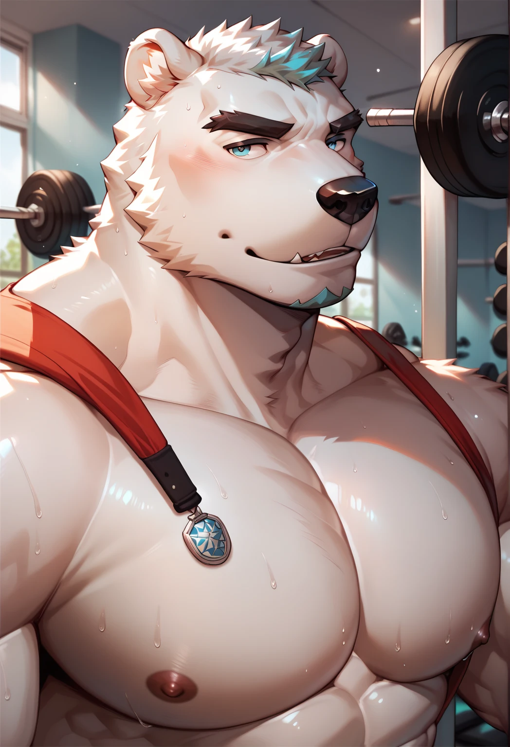 Pubrasser, dog, good looking, muscular, shorts, sunny, solo, male, fur, detailed, ((ultradetailed body)), ((ultradetailed clothes)), ((ultradetailed face)), gym background, ((ultradetailed background)), smiling, looking at viewer, big abs,