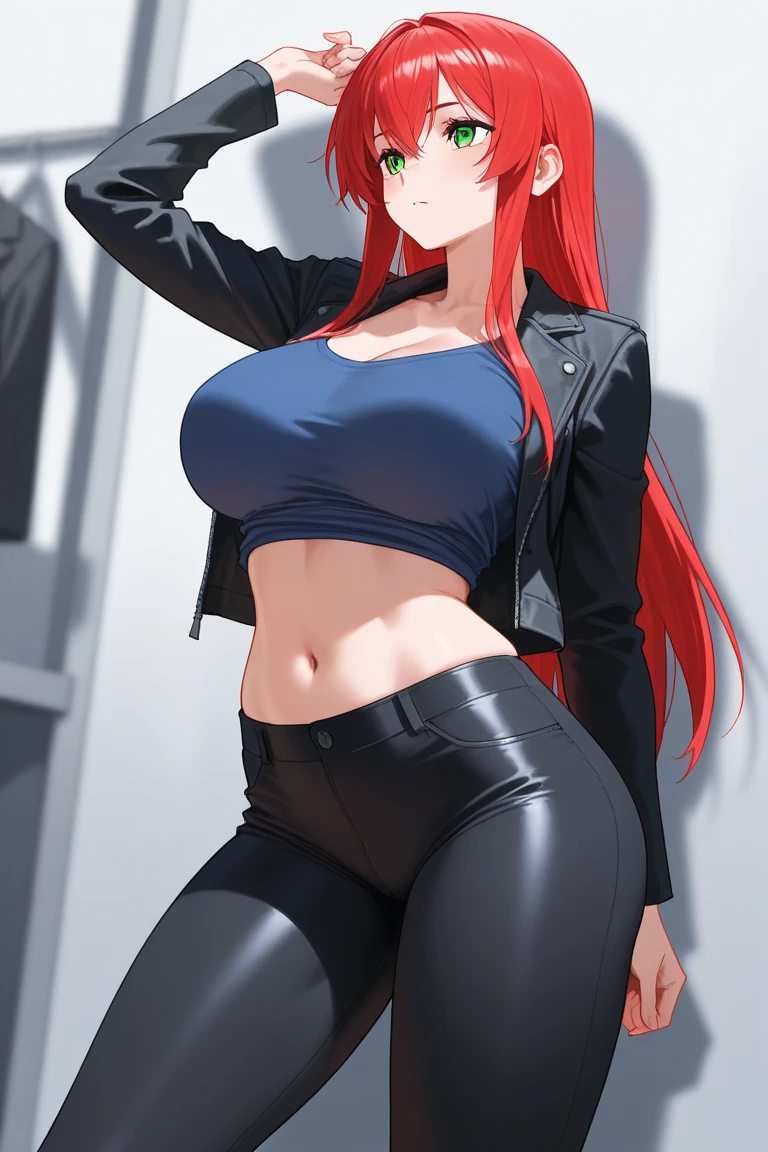 front view detailed body, long belly , Slender body, tight body , thicc, large breast , long thighs, masterpiece, long hair, very long hair, bangs, red hair, green eyes, 1girl, solo, rias gremory, looking at viewer, sweater , loose sweater, shorts sweater, navel, denim, short denim, hot pants, city background, cowboy shot, front shot ,20yo,Young female,Beautiful Finger,Beautiful long legs,Beautiful body,Beautiful Nose,Beautiful character design, perfect eyes, perfect face,expressive eyes, looking at viewer, NSFW,(full_body),(Focus on her face), official art,extremely detailed CG unity 8k wallpaper, perfect lighting,Colorful, Bright_Front_face_Lighting,shiny skin, (masterpiece:1.0),(best_quality:1.0), ultra high res,4K,ultra-detailed, photography, 8K, HDR, highres, absurdres:1.2, Kodak portra 400, film grain, blurry background, bokeh:1.2, lens flare, (vibrant_color:1.2) (Beautiful,large_Breasts:1.4), (beautiful_face:1.5),(narrow_waist),