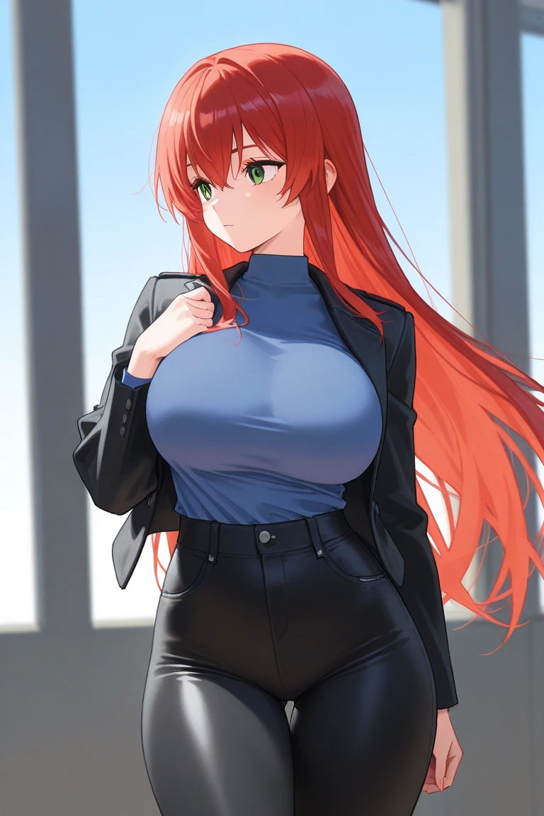 masterpiece, best quality, highly detailed background, perfect lighting, best quality, (extremely detailed face), volumetric lighting, intricate details, shadow, tonemapping, sharp focus, hyper detailed, trending on Artstation, (solo) ((Looking at the viewer)) (long red hair) (Hair over face) (only one eye visible) (curvy) (Big breasts) (transparent clothes)((Blue eyes)) ((human)) (sexy pose) (in the street) (smile) (With your arm stretched out as if taking a selfie)
