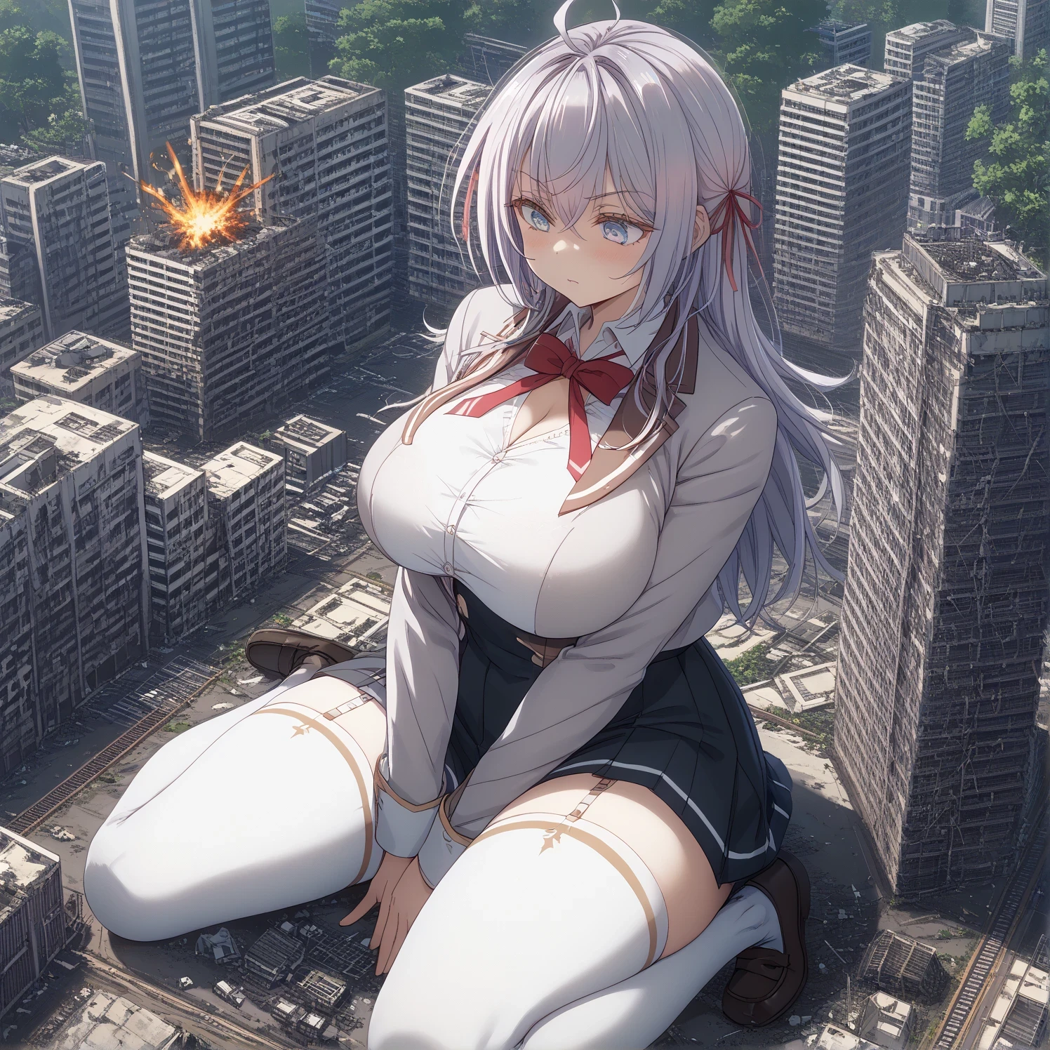 Female Giant(1,000,000 kilometers long)、 、press your chest against the city、Destruction、Destruction、Erotic expressions、Expose your chest、 Valley Emphasis、徹底的に街をDestruction、The building collapsed 、masterpiece、Highest Quality、uncensored、((((Big Breasts))))、、plump thighs、blazer after face、loafers、Tower crane、Traffic jams、Pedestrian bridge、 urban boulevards、street tree、Rubble Ruins、(Big Explosion)、