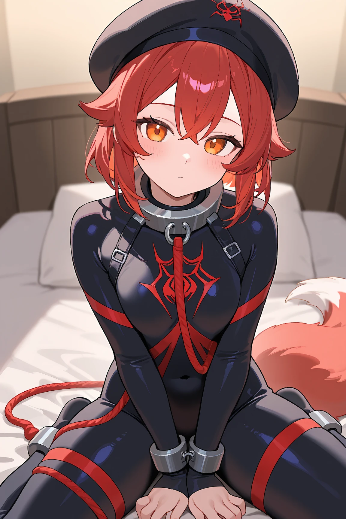 Highest quality, Highest quality, High quality illustrations, masterpiece, Ultra-high resolution, Detailed Background, room, On the bed, Absurd, Perfect Anatomy, performance, Good lighting, Shadows in the movies(kemono, Furry Personifi猫ion), Pink Skin, Rubber suit, Rubber suit, latex, neon, neonライト, neonカラー, Rubber maid outfit, ribbon, Rubber mask, Red harness