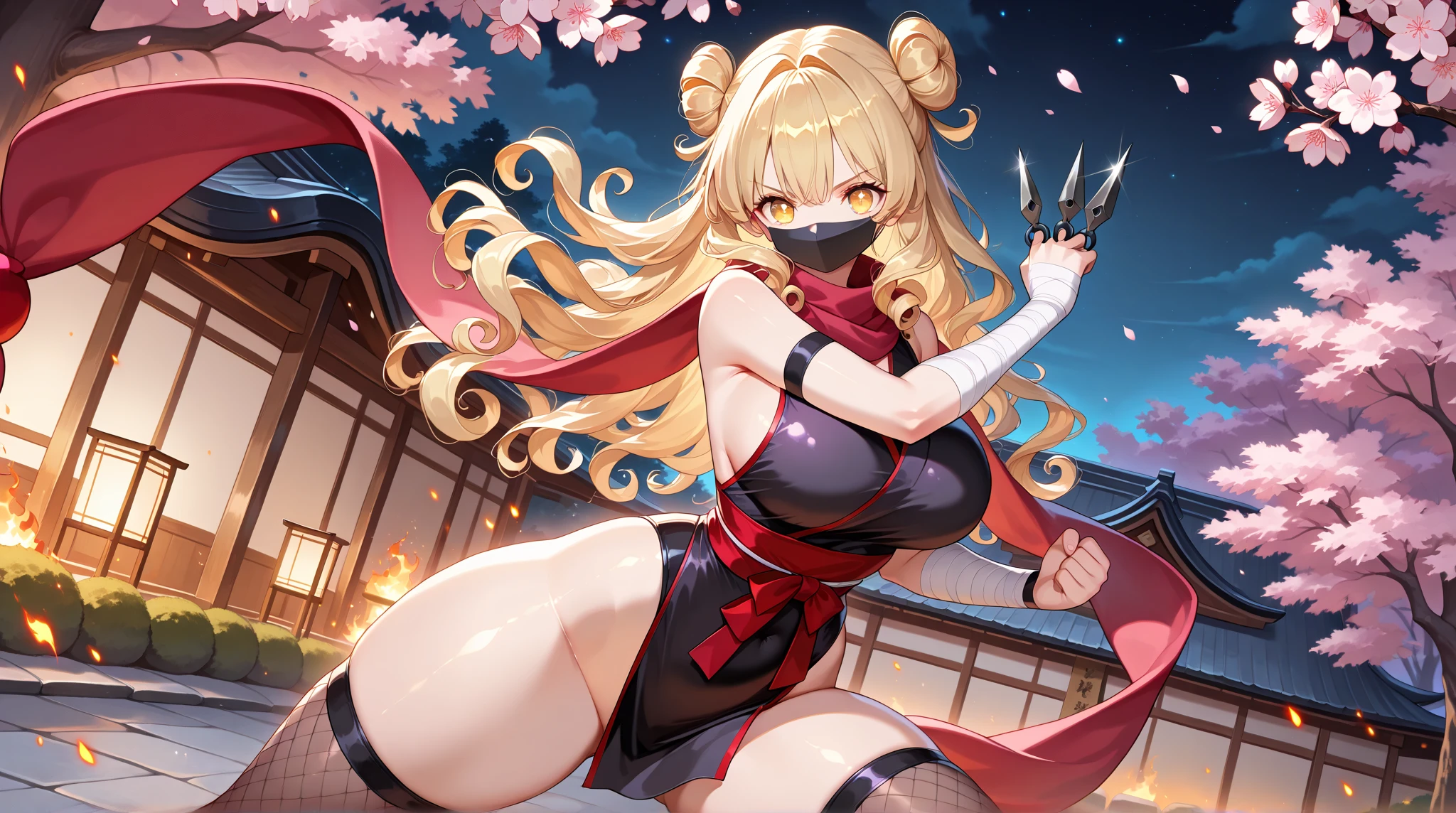One Girl、Semi-long hair、blonde、blue eyes、like々New Appearance、Slightly large chest、（Slightly large chest：1.4)、Cleavage、Exposed shoulders、Are standing、clavicle、whole body、ponytail、Thighs、Open lips、kimono、Shiny、Raise your arms、Shiny Hair、Shiny skin、open bangs、band、高いponytail、Revealing clothing、rope、Pelvic Curtain、Ninja