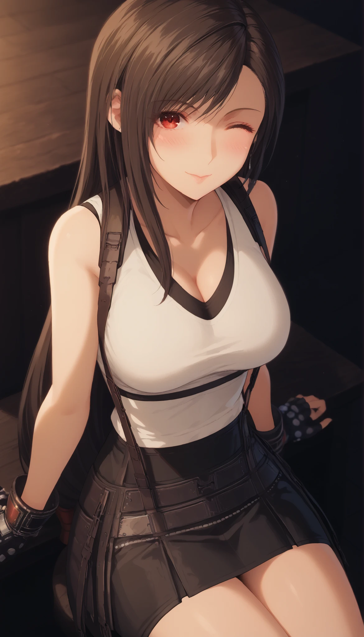 (((masterpiece))),(((High Quality))),((([FF7] Tifa Lockheart ))),((OfficeLady look )),((white shirt)),))Black Tight Skirt)),angle from above,(Raising Your Arms),Sit on a chair, black hair,long hair,cleavage,(((Blush))),(((Medium Breasts))),ponytail,Ulchan - 6500-v1.1, (RAW pictures:1.2), BEAUTIFUL DETAILS, very detailedな目 美しい目,beautiful eyes,Red Eyes,Wink,Large File Size, high resolution, very detailed, Highest Quality, [masterpiece:1.6], Awareness-raising, very detailed, CG, fine, Highest Quality, 8K Wallpaper, perfect body,very detailed,thighs