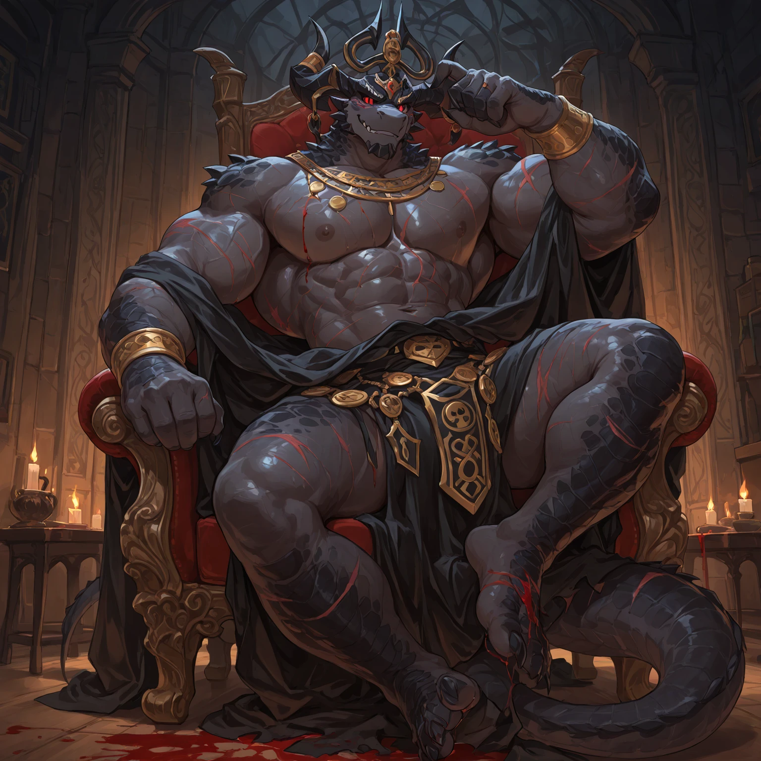 By Taran Fiddler, solo, dragon, male, bright golden scales, large horns, spikes, chest hair, big pecs, throne, throne room, king, regal, crown, cape, bulge, loincloth, upper body, portrait