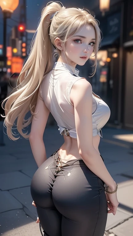 Beautiful gray-haired woman shows herself with a slender figure, she is wearing a nsfw cropped sweater and skinny jeans, choker, sexy look, long thin ponytail, pretty eyes, girl in nightlife ,sexy session, pose sexy, calca shot, Superior quality, many details, realist