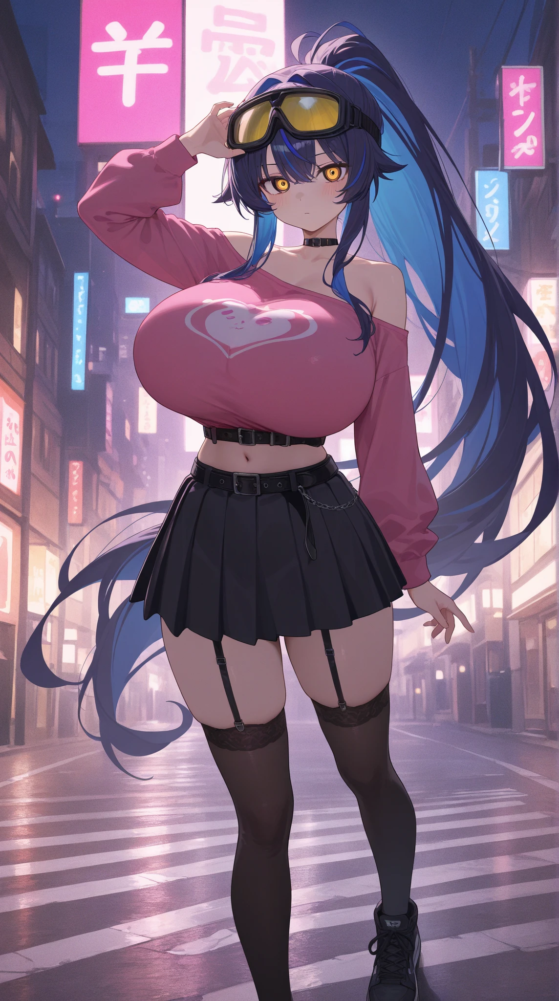 ((masterpiece)), ((best quality)), (ultra-detailed), ((kawaii)), cute, (lovely), ((sexy)), (ero), ((extremely detailed)), 4K, (8K), best quality, (beautiful), watercolor pencil, realistic, real, focus on the face, full body focus, school, autumn, a pretty woman, solo, black jacket, beautiful light blue hair, beautiful purple eyes, ((beautiful eyes with highlights )), white-skinned, ponytail, transparent hair, translucent hair, huge breast, tights, glasses, smile, neon light, wind effect, reflection effect