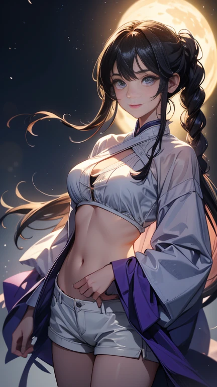 (masterpiece:1.2),The best quality illustrations,high-detail,solo,Beautiful detailed girl,25yo,Japanese girl,((pulled back hair)),braid,forehead,(sidelocks),(medium hair),Brown eyes,(very small breasts:1.6),(muscular:1.2),(portrait),blushing,looking at the viewers,thick eyebrows,long eyelash, night, moonlight