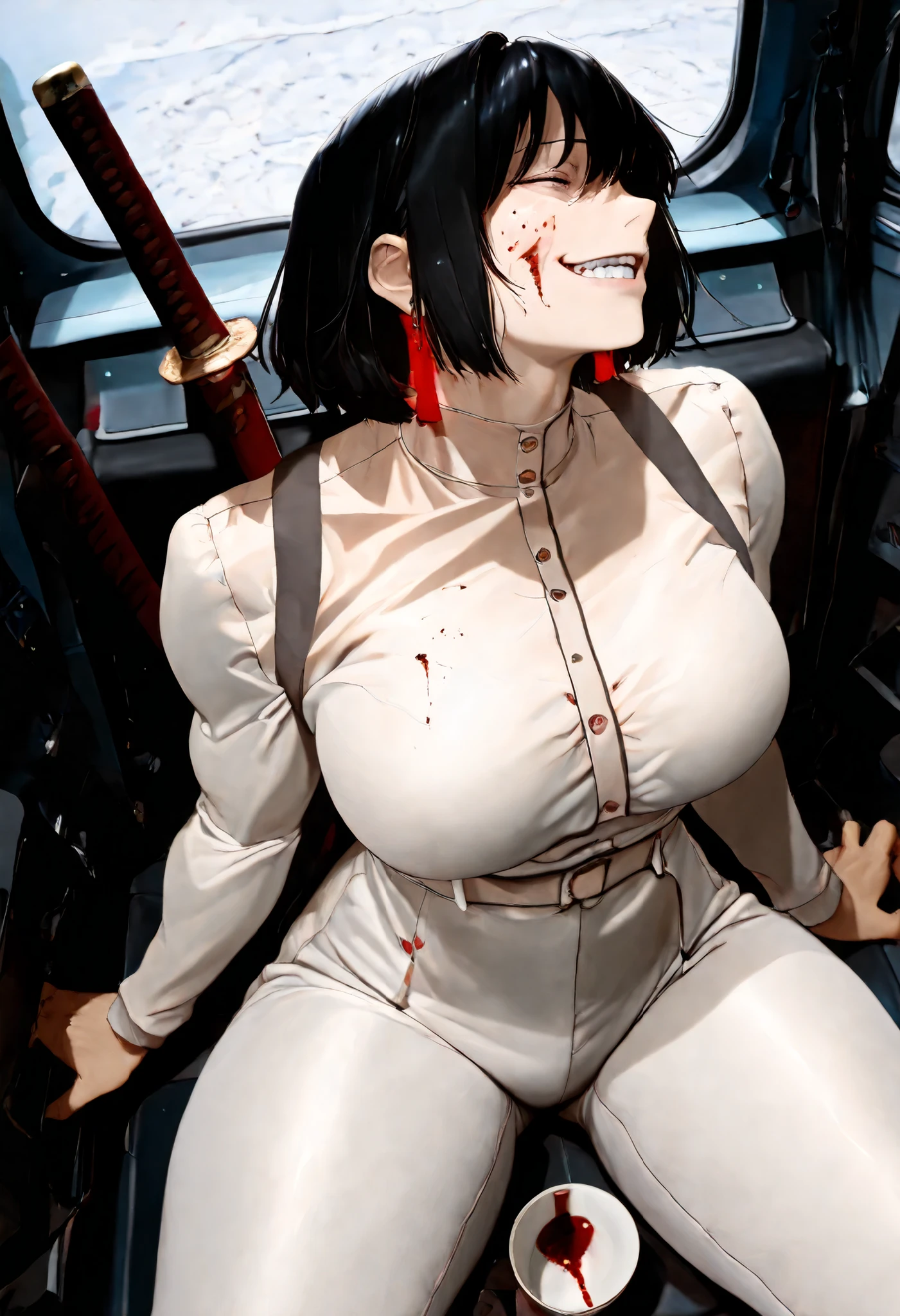 best quality, detailed background, (highly detailed),(dynamic lighting), masterpiece, very aesthetic, kagari hiyuki (kagurabachi), 1girl, kagari hiyuki, black hair, short hair, long red earrings, solo, blood on face, plaido, muscular, strong hands, sitting in an abandoned car, drops of blood, medium plane, from above, in profile, cup, sitting alone, dramatic light, dim lighting , very detailed face, detailed Katana, detailed face and eyes, nice hands, nice fingers, evil grin, female focus, skinny waist, large breasts, wide hips, thick thighs, cinematic angle, glowneon