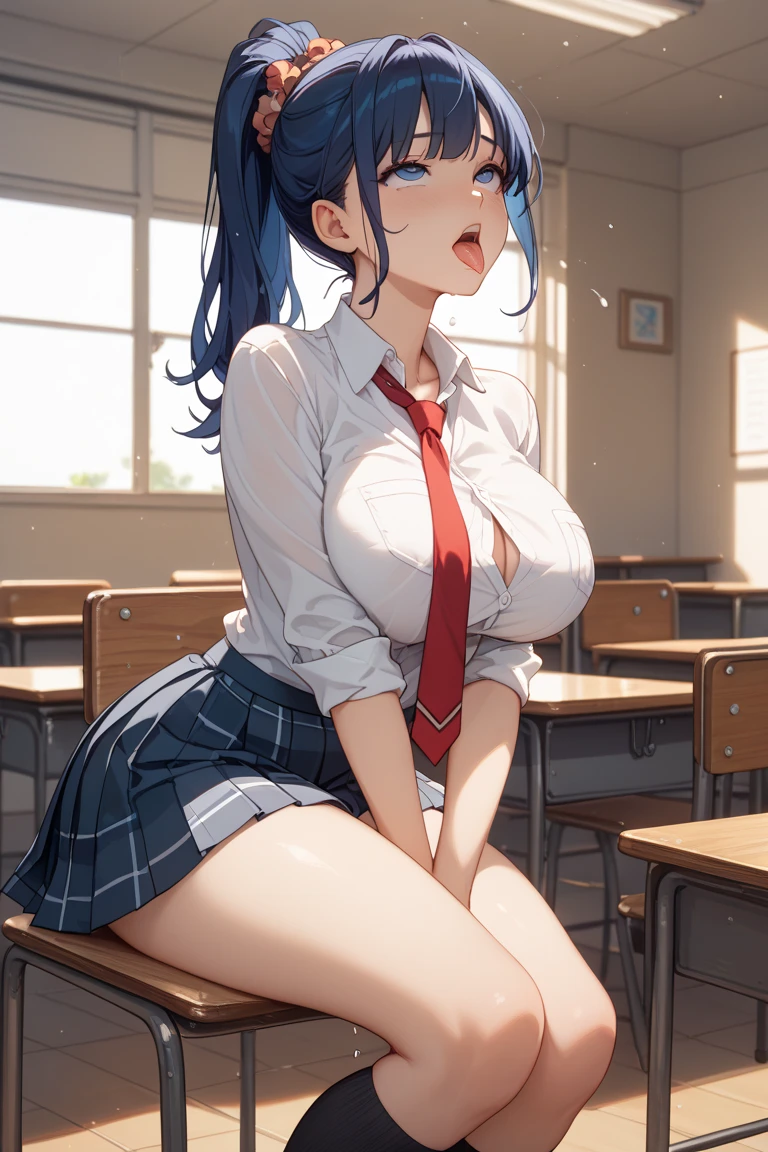 1girl, breasts, solo, spread legs, long hair, classroom, indoors, shirt, nipples, looking at viewer, white shirt, blush, bangs, open mouth, navel, bow, maebari, desk, large breasts, collared shirt, bowtie, open clothes, open shirt, blue hair, sitting, thighs, blue bowtie, school desk, blue bow, , leaning back, smile, purple eyes, braid, no bra, pink eyes, bottomless, on desk, off shoulder, cameltoe, window, long sleeves, pussy, naked shirt, stomach, breasts apart, striped bow, grey hair, striped bowtie, partially visible vulva, striped, sweat, hair between eyes, heart, blurry background, clothes lift, day, heart pasties, dress shirt, ass, pasties, sitting on desk, arms behind back, :d, chair, breasts out, very long hair, blurry, chalkboard, pussy peek, sidelocks, arm support, shirt lift, anus, sunlight, socks, teeth, on table, medium breasts, presenting, shiny, no panties, feet out of frame, crotch, wing collar, upper teeth only, tongue, thick thighs, sweatdrop, table, reclining, side braid, uncensored, school, black bow, shiny skin, ribbon, plaid bowtie, ass visible through thighs, underwear, unbuttoned shirt, red eyes, saliva, sitting on table, cleft of venus, school chair, censored, groin, hair ornament, hair ribbon, covered nipples, nude, skirt, bare shoulders, dutch angle, eyelashes, clothes pull, shirt pull, pussy juice, kneehighs, skindentation, no pants, partially undressed, plaid bow, unbuttoned, light particles, window shade, earrings, diagonal-striped bow, black socks, jewelry, hairband, curtains, heart censor, shiny hair, paper, Uniform distribution, naughty face, depth of field, panties, straight hair, mosaic censoring, light blue hair, plaid, symbol-shaped pupils
