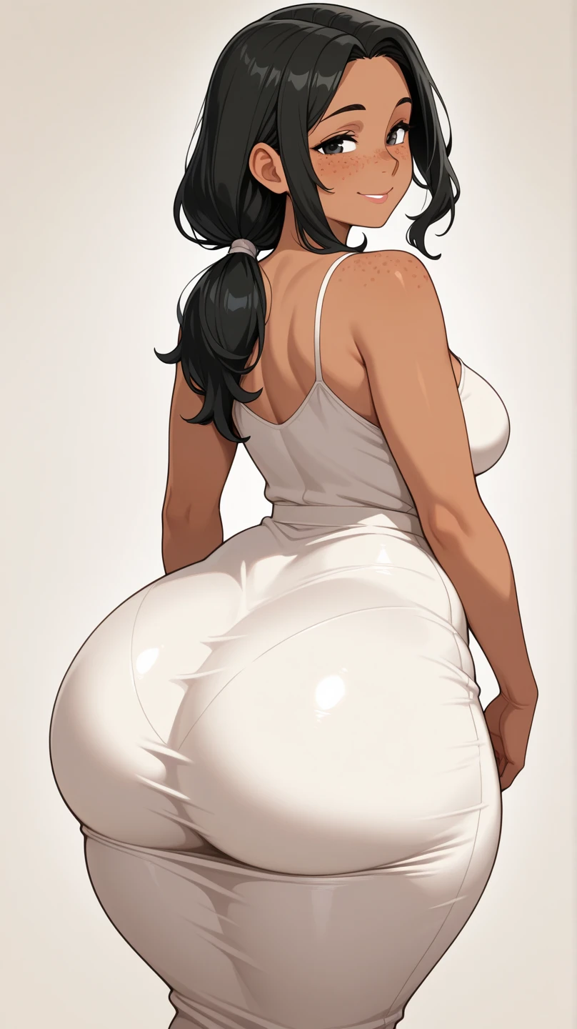 ((((masterpiece, best quality)))), ((33 year old)), (((Curvy))), ((Latina with long black hair)), in ((white bra)), ((white fullback panties)), ((Red lipstick)), ((Standing in a bathroom)), (back facing the camera), (((realistic art style)))