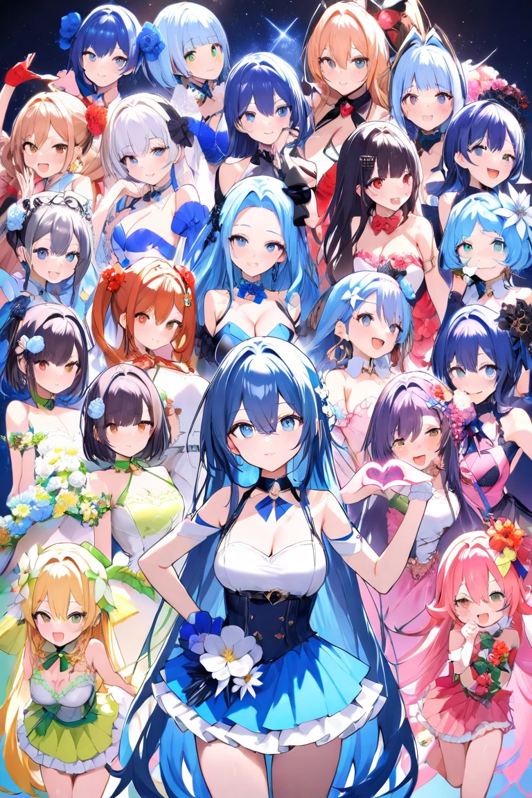 nejire hado, 3girls, trio, long hair, breasts, looking at viewer, smile, open mouth, bangs, blue eyes, simple background, white background, dress, bare shoulders, medium breasts, very long hair, blue hair, :d, sleeveless, sleeveless dress, blue dress, triplets, clones
