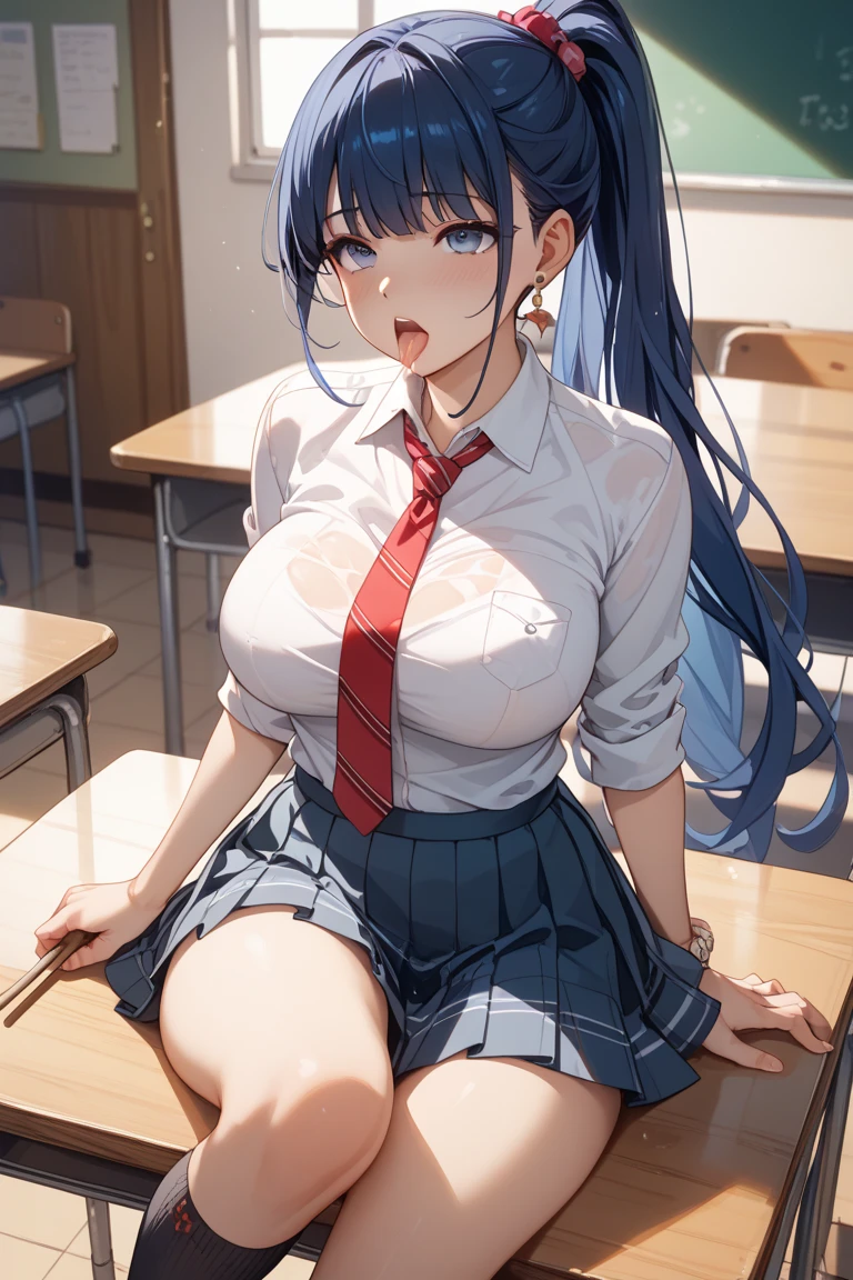 absurd, 8K, high resolution, Ultra-detailliert, beautiful, Meisterwerk, best quality, very pretty woman, sexy Studentin, roter BH, Schuluniform, Faltenrock, white wet blouse, Detailliertes weibliches Gesicht, Sehr attraktiv, (very large breasts:1.4) , lang, glattes Haar, blaues Haar, Haare hochgesteckt