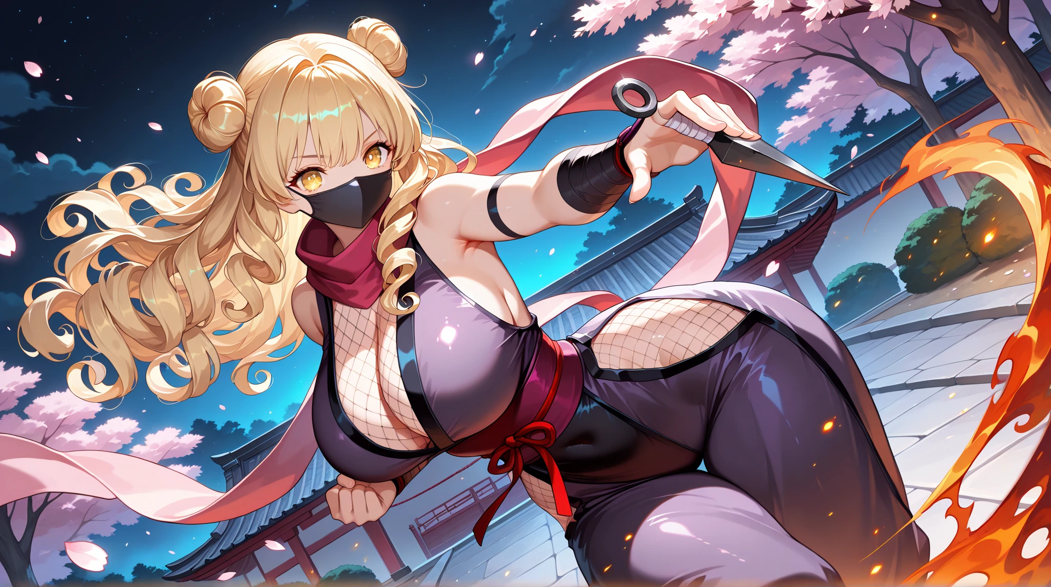 masterpiece, best quality, (1 girl), solo, wide hips, (big breasts), slutty grin, young girl, wide hips, ninja village, nighttime, detailed eyes, open mouth, ((wearing a slutty ninja outfit)), slutty, (very long hair), curvy, nice hips, kunoichi, ((ninja girl)), ninja outfit, midriff, short skirt, (fishnet), underboob, kunoichi skirt, blonde hair, fishnet bodycon, wide hips,