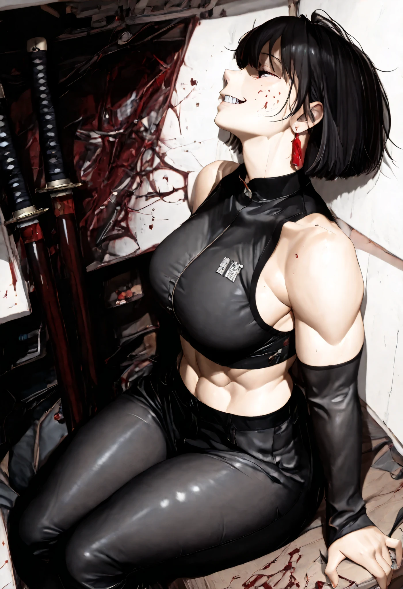  simple background, monochrome, horror (theme) there is a broken picture, black paint splatted, red blood splatted, smoked, red blood  (((anime girl character))), big boobies, wearing a mask, (((she is holding a bloody samurai sword))), messy bob hair style