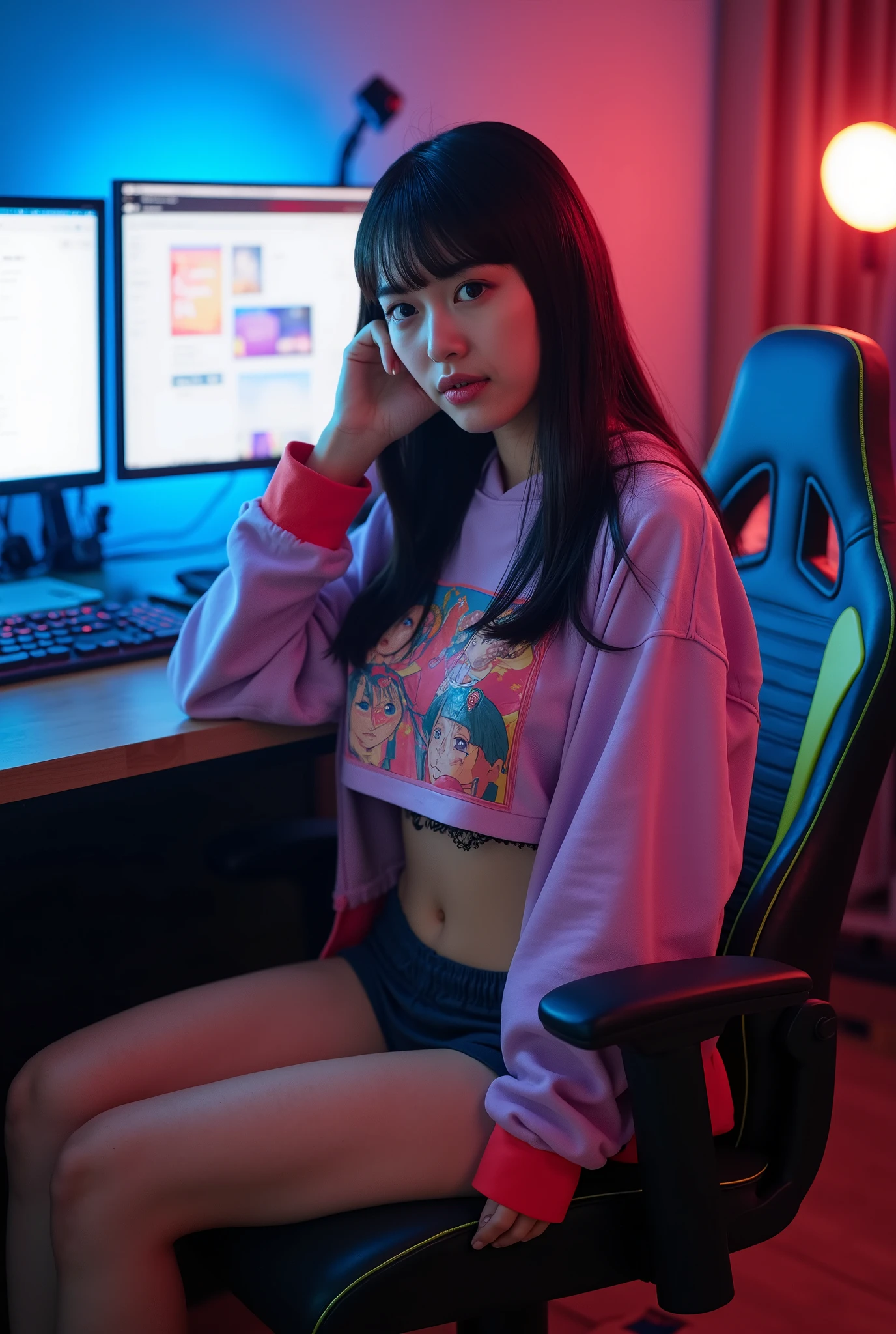 A Japanese gravure idol sitting sideways on a colorful gaming chair, wearing only a cropped anime-print hoodie and sheer pantyhose, legs pulled up slightly, room lit by RGB lighting, computer monitors glowing in the background, casual yet provocative pose, extremely detailed scene, from head to thighs.