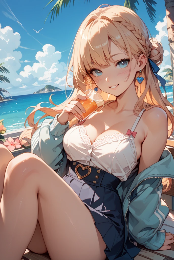 Best quality 

ultra-detailed

Slender body type

Mediterranean beach 

Late golden time

Sitting on the chair

White Blond hair 

Ponytail with red ribbon

Simple necklace 

Simple bracelet 

Sparkling dark blue-green eyes:0.6

Slightly lager breasts

Cute pink nipple

Very happy Open-mouth smile:1.4

Blush 

Wearing  white puffy long skirt 
Leather Corset 
 topless bare breasts 
Show off breasts 


From front

Full body:1.4

squint down turned eyes



Looking away:0.8

