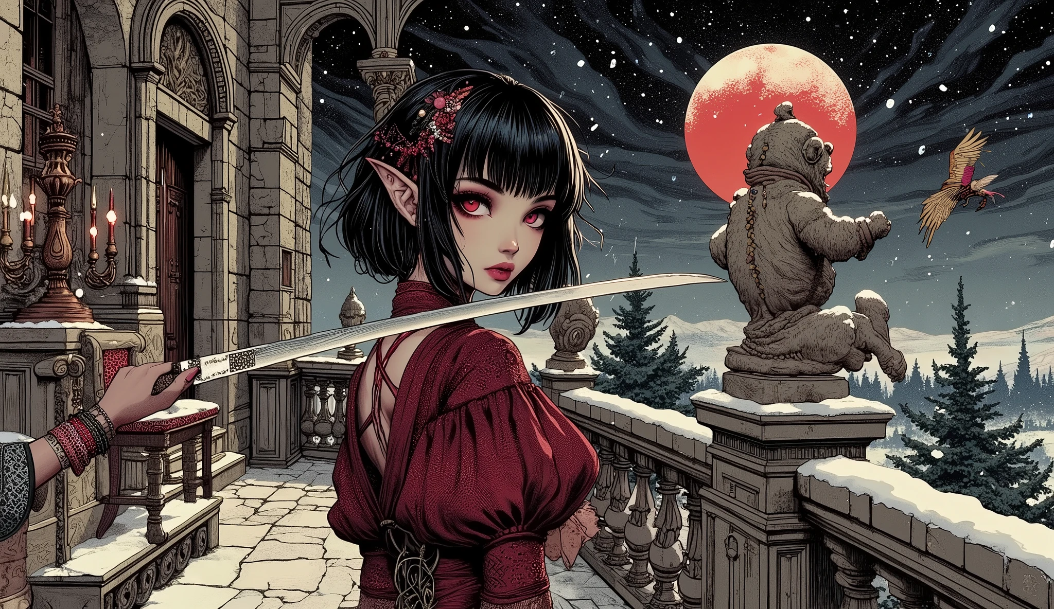 (A fusion of Ukiyo-e and dark fantasy. Aesthetic and gothic digital art. Illustrations are drawn from the perspective of looking up diagonally from the ground.) BREAK
(Black hair. Blunt bangs. Black eyebrows. Long black eyelashes. Almond-shaped eyes. Ruby eyes. Dark, thick eyeliner. Small pink lips. Pierced ears. Translucent pale skin. Thin limbs. Thin fingers. ) BREAK
(The world of the Dracula legend, set in medieval Romania. The night sky with a small, blood-red moon rising. Very dark and cold. A Dhampir woman, half vampire, half human, turns her back on the balcony of Count Dracula's stately Gothic castle and, in a daring pose and action, gracefully brandishes her saber beside a sheep-tooth plantation. The balcony is lined with ornate rococo candelabras and ornaments and is adorned with sculptures of Count Dracula and his beautiful wife. The women wear chokers adorned with colorful beads and red and blue jewels, and courtly tunics of crimson velvet, with Turkish silk cloth elegantly wrapped around their waists. She wears a lace skirt made of thin, sheer crimson organdie with a deep slit, laced sandals, and bracelets and anklets with beaded ornaments on her wrists and ankles. She weaves beautifully colored bird feathers into her hair.)