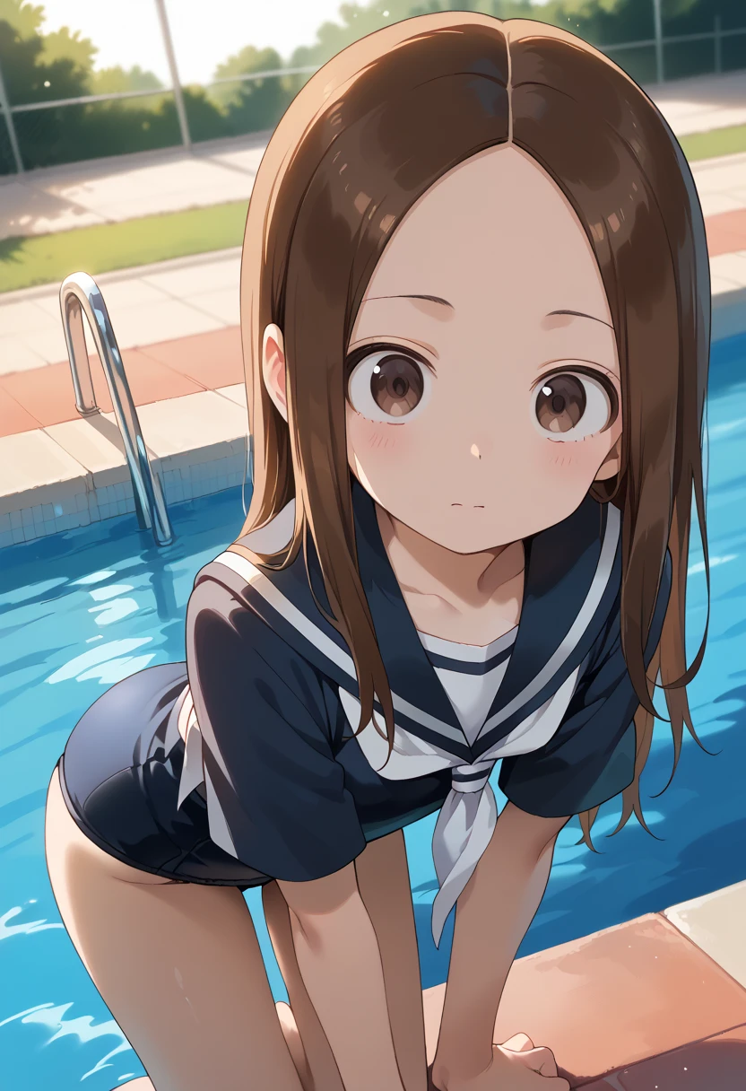 巨作, Best quality, takagi-san, serafuku, bare forehead, Long_Hair, brown_eyes,brown_Hair,short_Sleeves,Red_neckerchief, Swimsuit, sports swimsuit, camel-toe, White swimsuit, Pool, School swim wear, takagi1