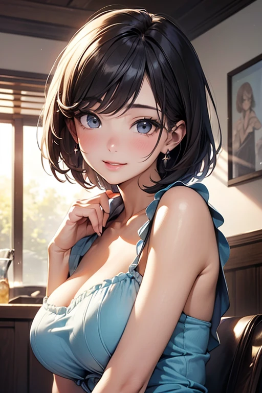 (on the table, best quality、ultra high resolution、face focus focus、Focus on the side、navel focus、low cut focus、Very attractive beauty、Add intense highlights to your eyes、Look closely at the camera:1.4、Absolutely beautiful bangs:1.4、Brunette short bob haircut with bangs:1.4),1 girl, Report, black haired, actual, looking at the audience, Pale black eyes, short hair, lips, lip gloss, Upper body、big eyes、eyelash)、((simple background，bright colors、Super real:1.4))、((short hair with bangs:1.4、46 points nice bangs:1.4、{巨big deal|big deal|巨big dealな|mega} Chest:2, split:2、big eyes、Give students a very powerful highlight、very big dealger Chest、look at the audience、very beautiful beautiful、show me your ears、Beautiful long neck、beautiful shoulders、Smile、A Smilee　beautiful teeth、Open your mouth and Smilee))、28 years old、Very cute super model、perfect anatomy、simple blue background:1.4